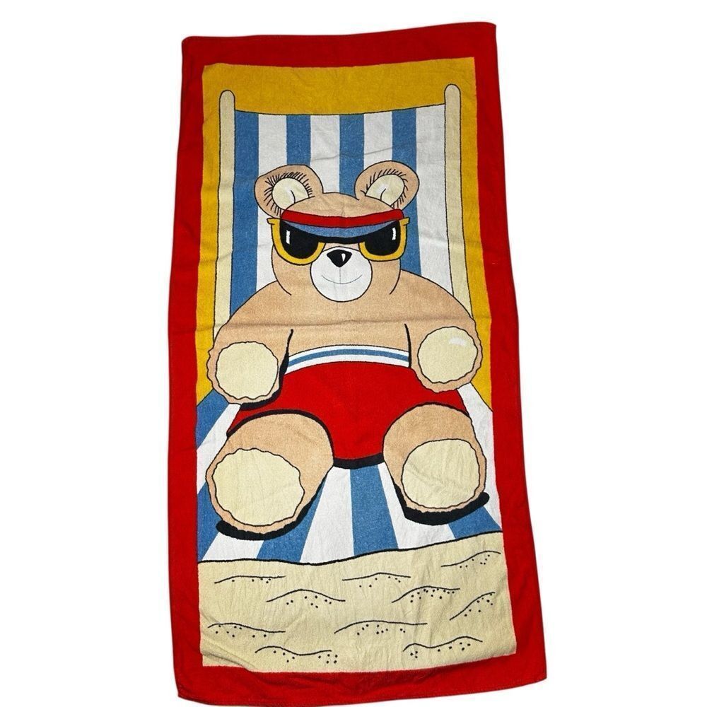 Vintage 80's Beach Towel TerriMondo 28.5x54” Teddy Bear Surf Retro 100% Cotton